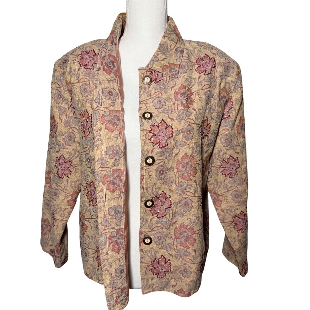 Daniel K Silk Floral Tapestry Sequin Jacket M Tan Pink Excellent Boho Shacket